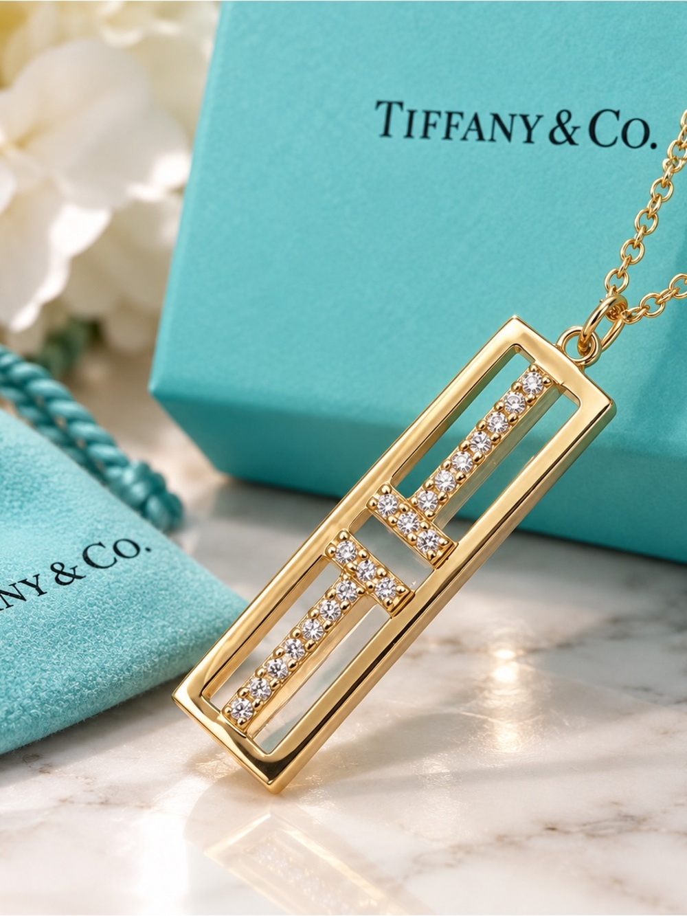 Tiffany & Co. Tiffany T Two Open Vertical Bar Diamond Necklace 18K Yellow Gold
